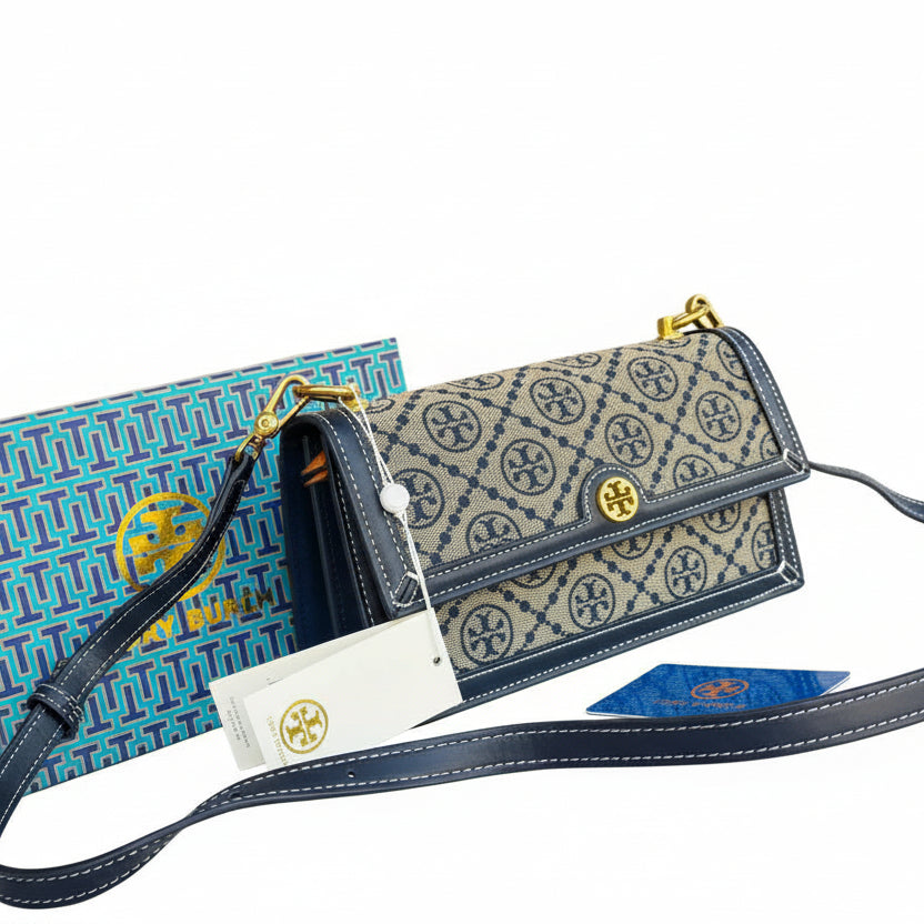 Tory Burch T-Monogram Jacquard Wallet on Chain in Navy Blue 👜✨💙