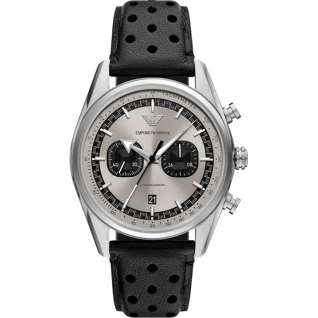 Emporio Armani Silver Chronograph Watch with Perforated Leather Strap ⌚️🔘🖤