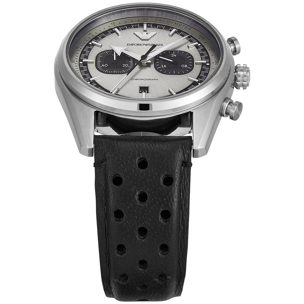 Emporio Armani Silver Chronograph Watch with Perforated Leather Strap ⌚️🔘🖤