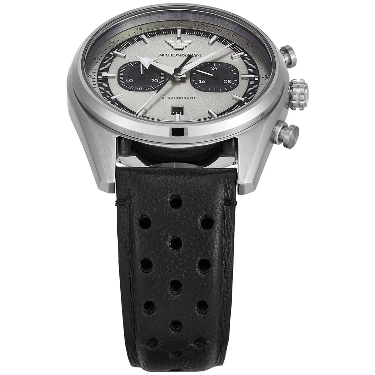 Emporio Armani Silver Chronograph Watch with Perforated Leather Strap ⌚️🔘🖤