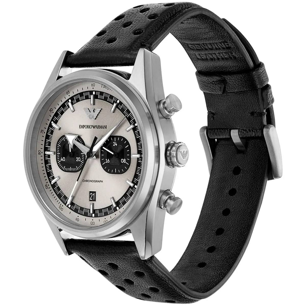 Emporio Armani Silver Chronograph Watch with Perforated Leather Strap ⌚️🔘🖤