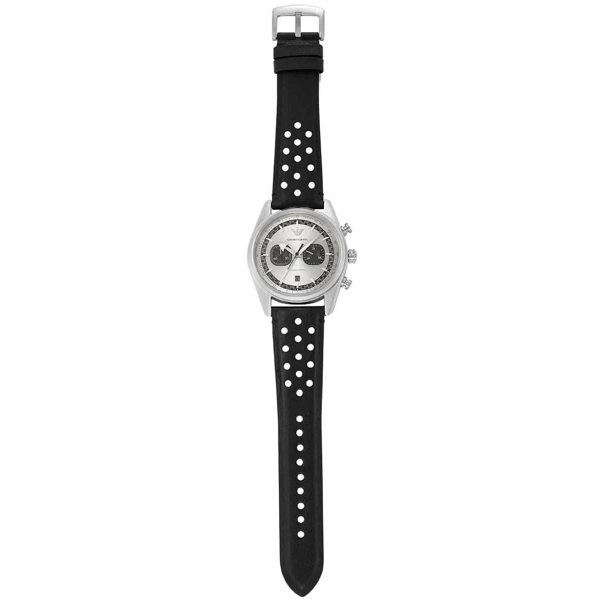 Emporio Armani Silver Chronograph Watch with Perforated Leather Strap ⌚️🔘🖤