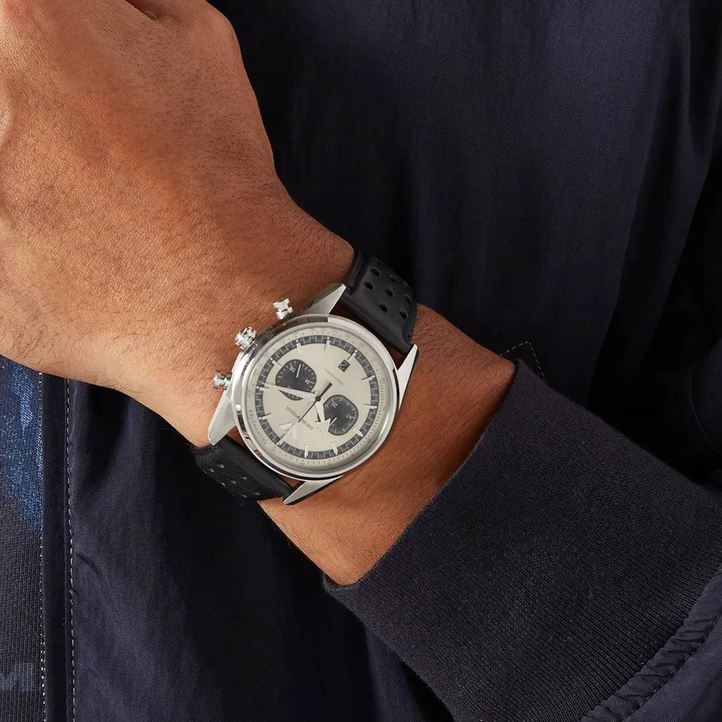 Emporio Armani Silver Chronograph Watch with Perforated Leather Strap ⌚️🔘🖤