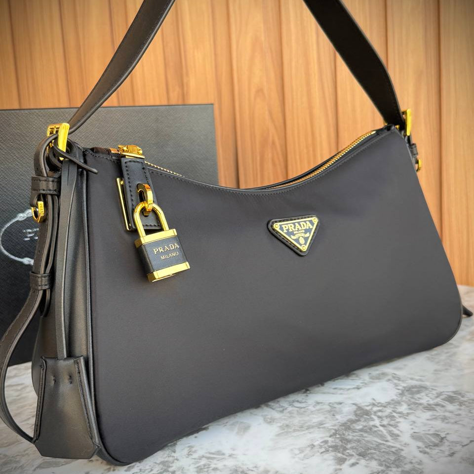 Prada Leather Shoulder Bag with Gold Padlock Detail 👜✨🍂