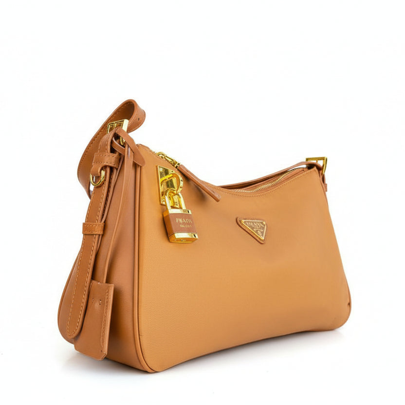 Prada Leather Shoulder Bag with Gold Padlock Detail 👜✨🍂