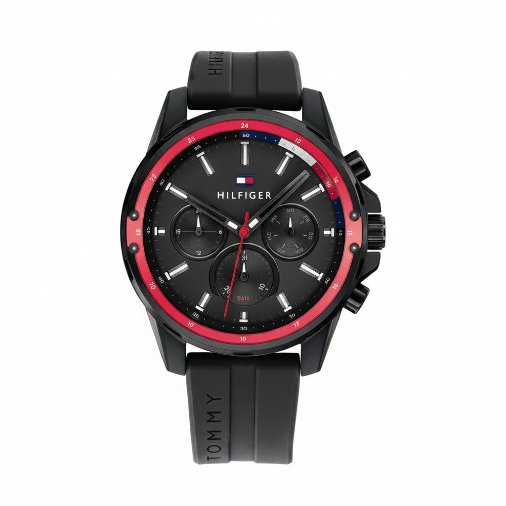 Tommy Hilfiger Black & Red Rubber Watch ⌚⚫🔴