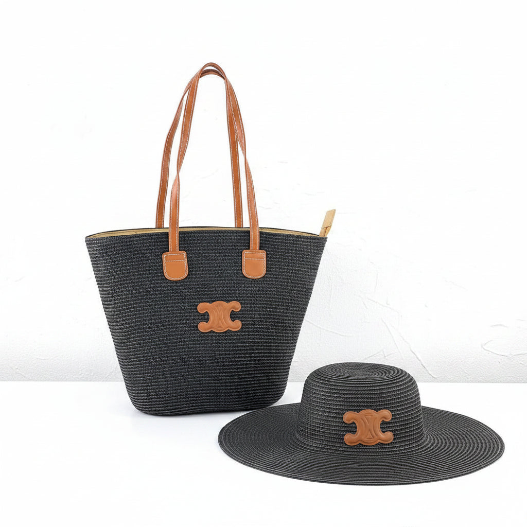 Celine Straw Tote & Matching Hat Set in Black and Tan 👒👜