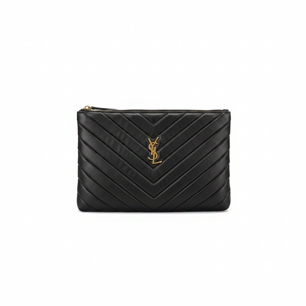 YSL Quilted Black Leather Clutch with Wrist Strap