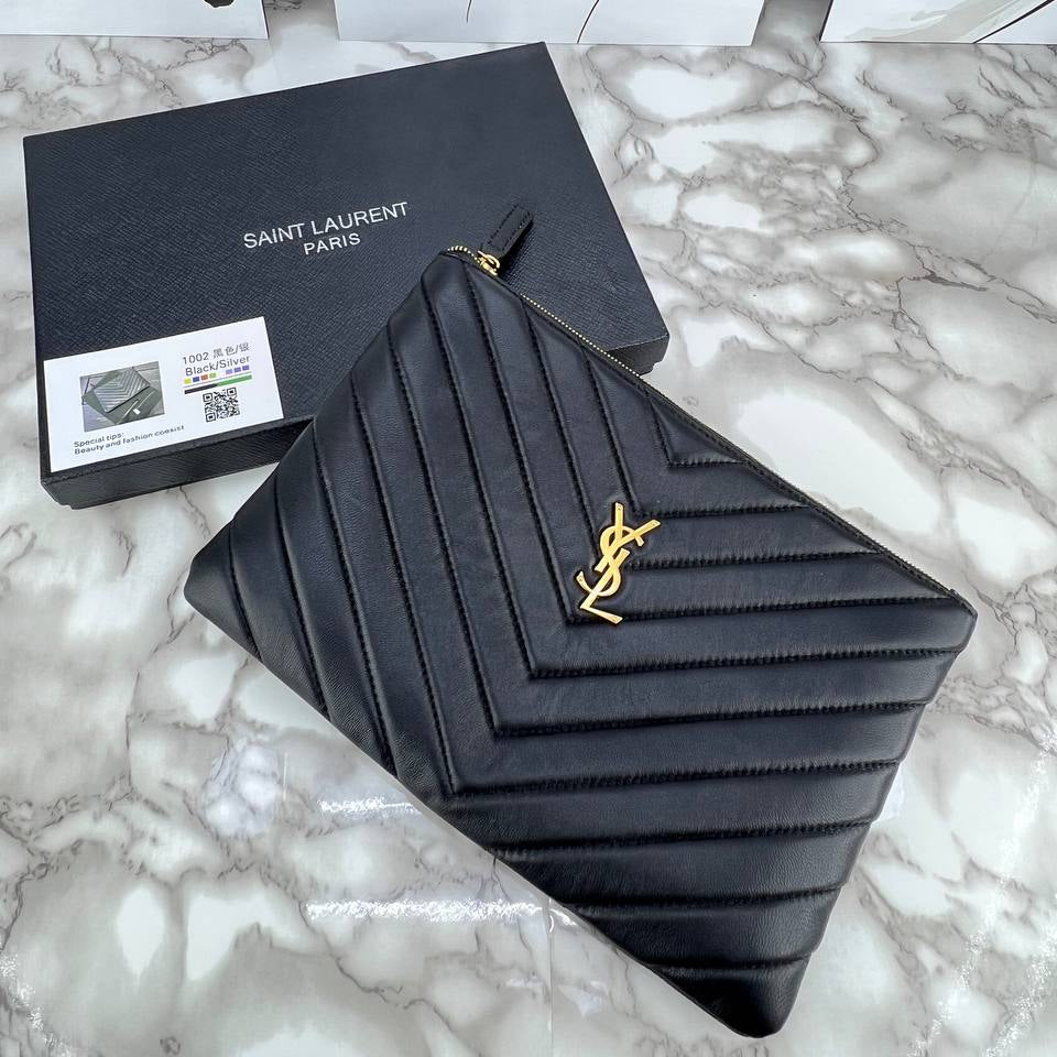 YSL Quilted Black Leather Clutch with Wrist Strap