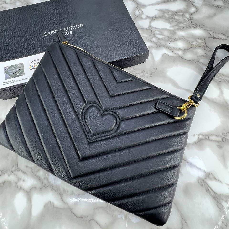YSL Quilted Black Leather Clutch with Wrist Strap