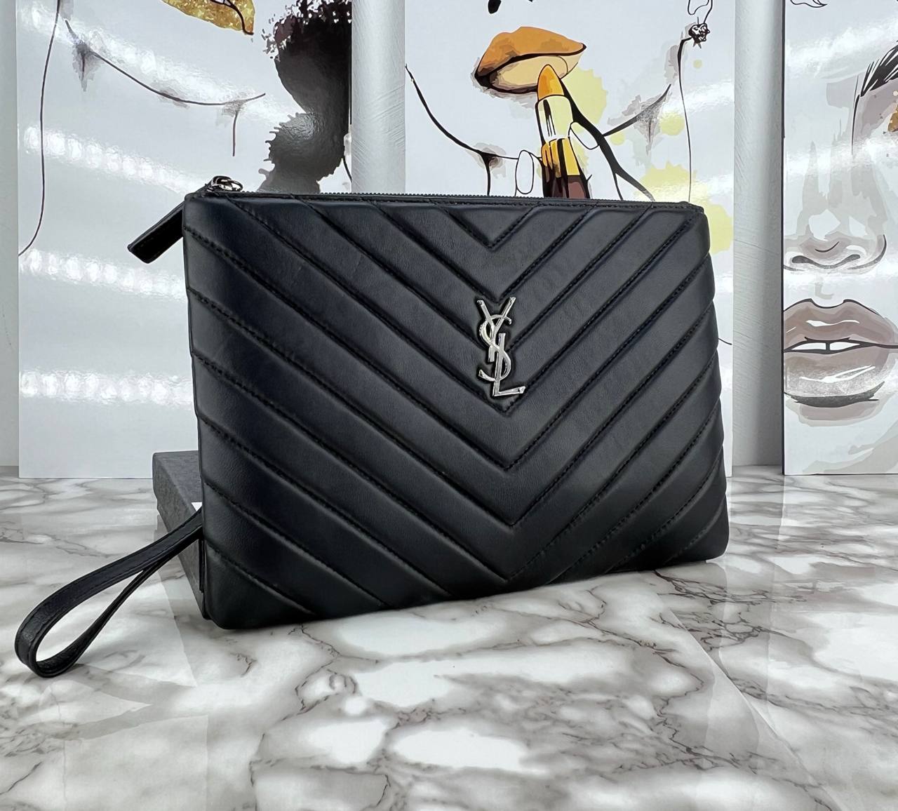 YSL Quilted Black Leather Clutch with Wrist Strap