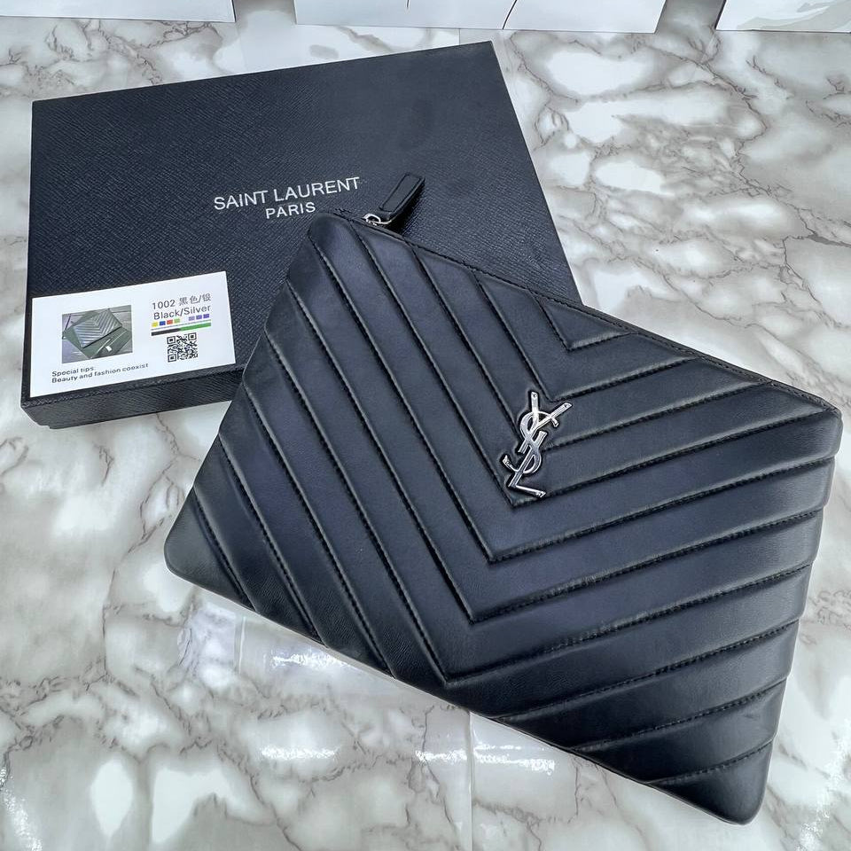 YSL Quilted Black Leather Clutch with Wrist Strap