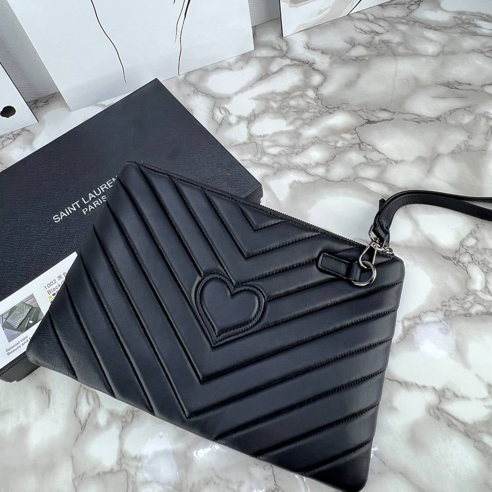 YSL Quilted Black Leather Clutch with Wrist Strap