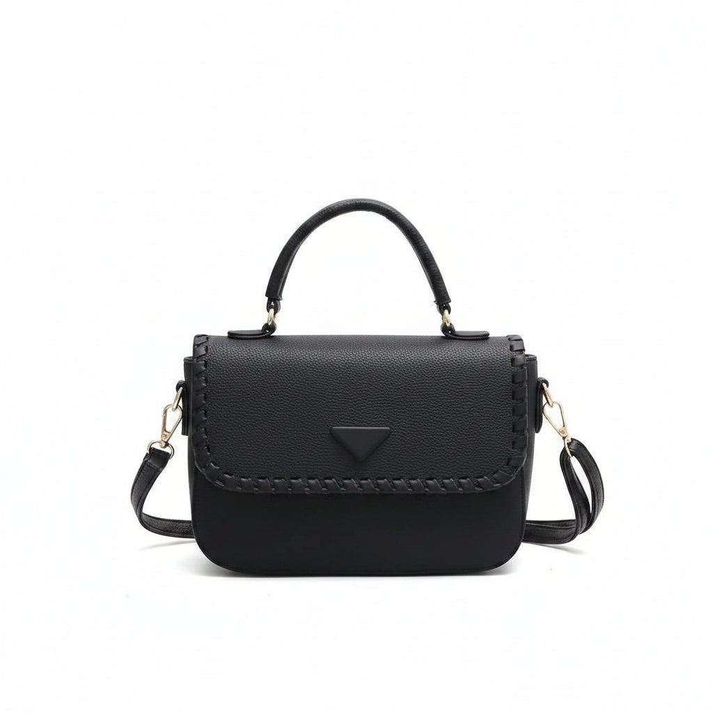 Woven Edge Flap Top Handle Bag in Black
