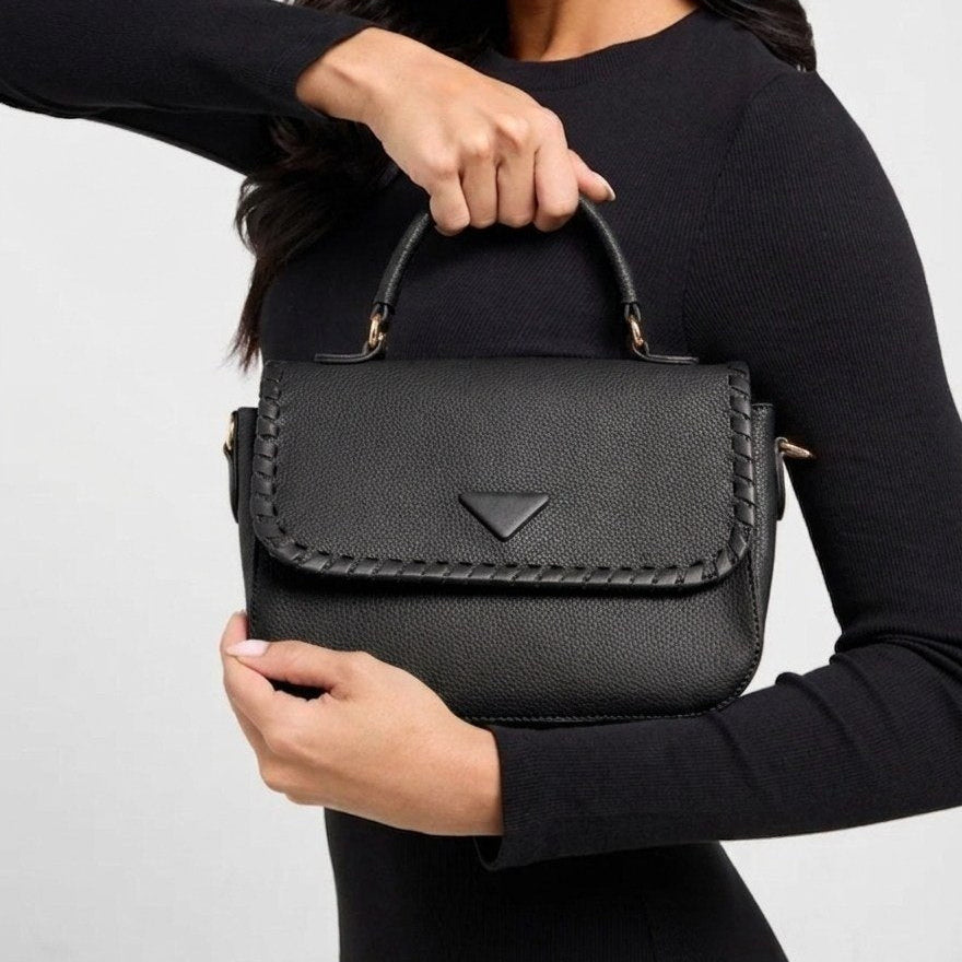 Woven Edge Flap Top Handle Bag in Black