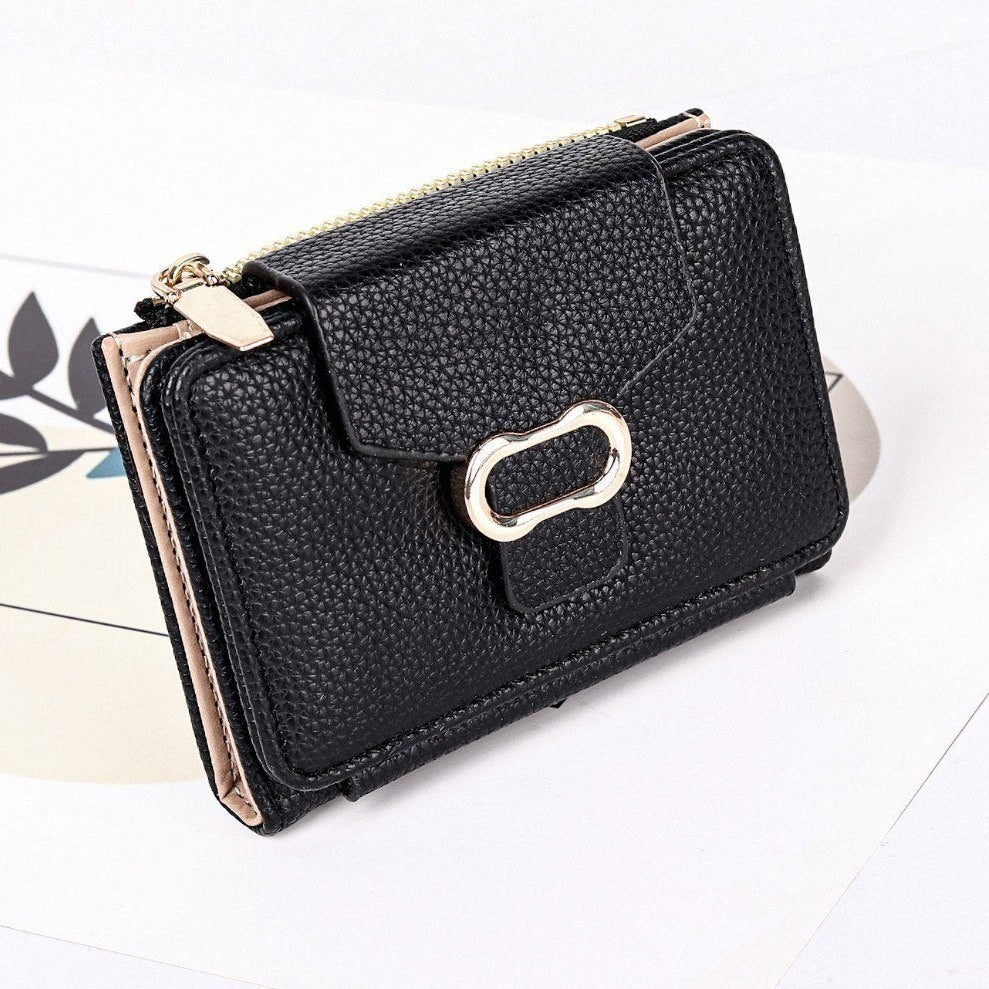 Textured Compact Foldable Wallet with Metallic Buckle Detail