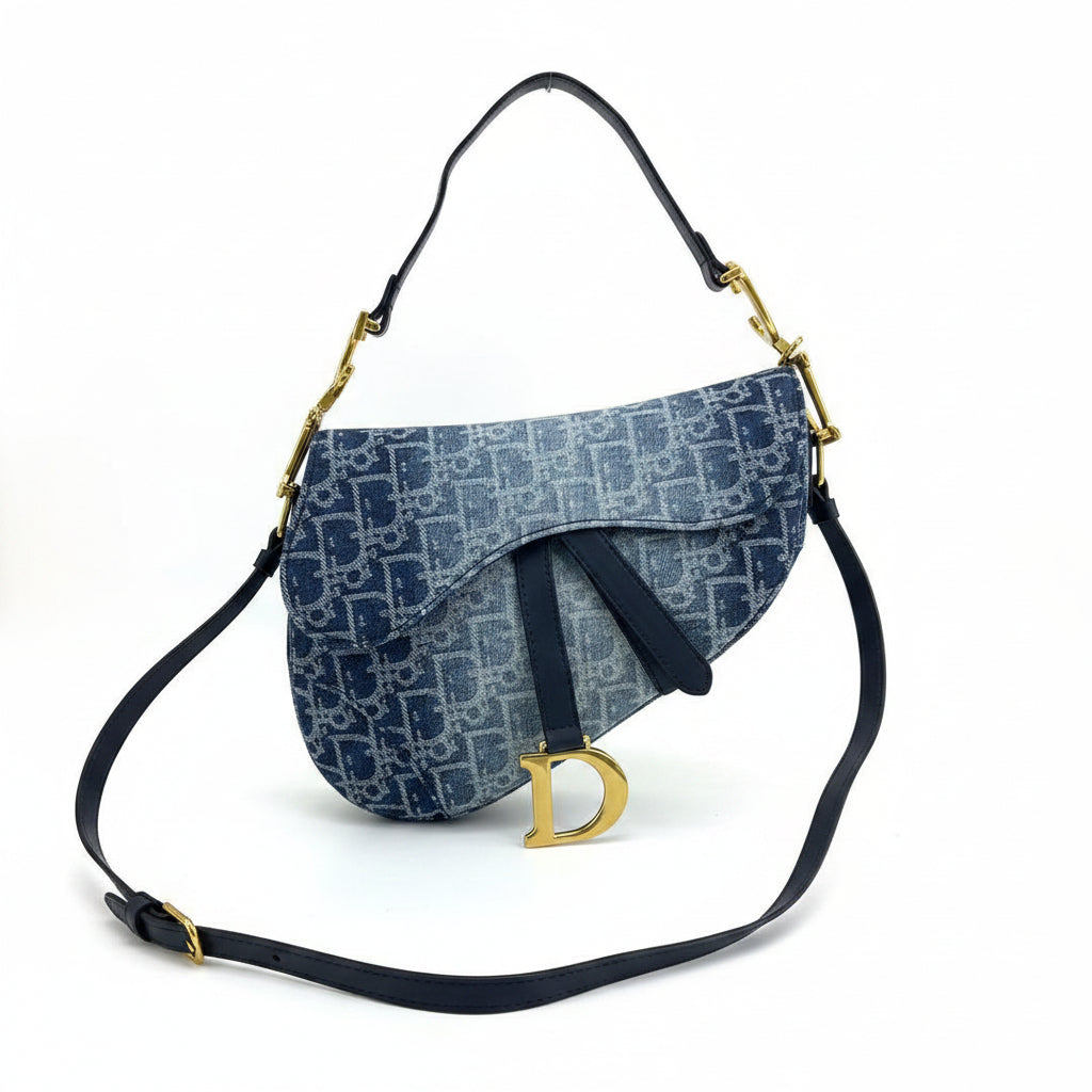 Dior Denim Saddle Bag with Gold Hardware and Scarf