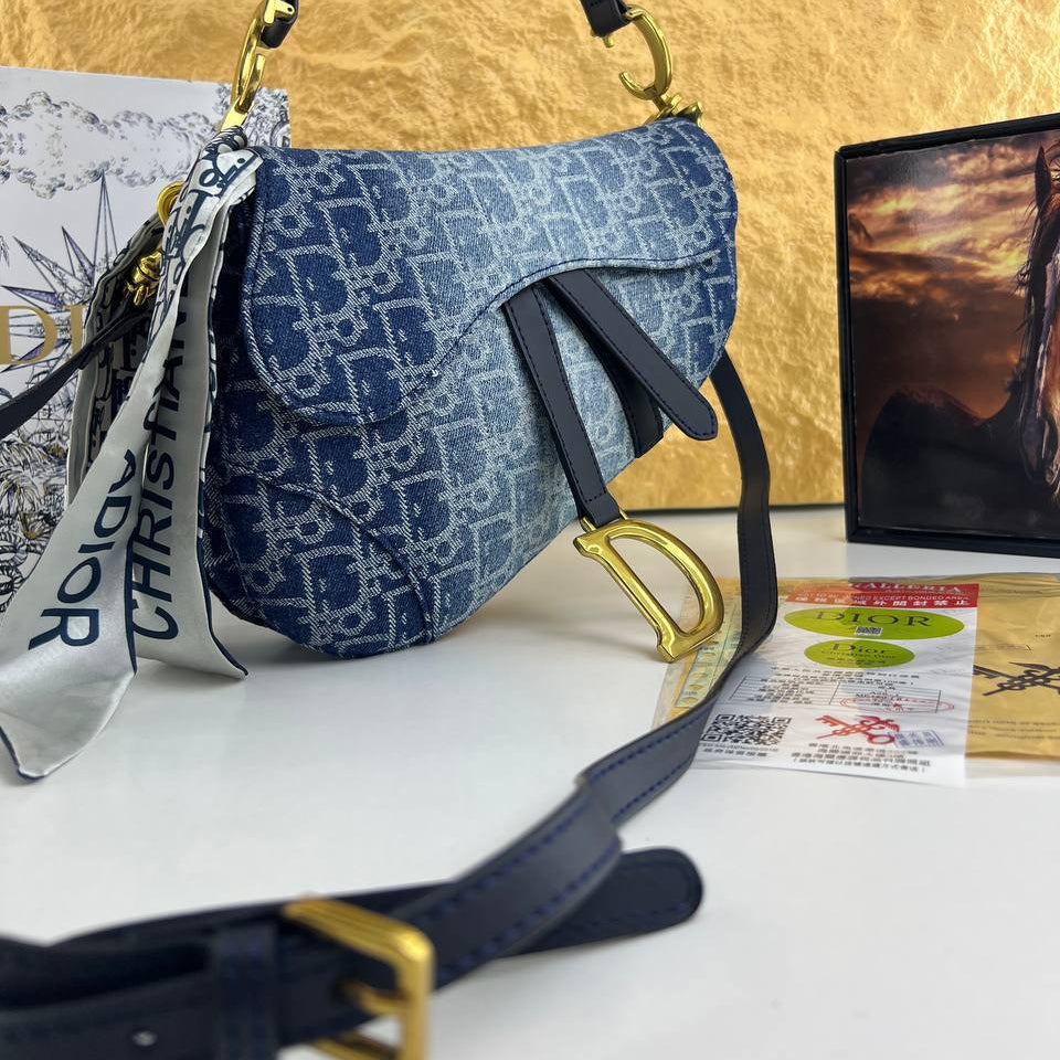 Dior Denim Saddle Bag with Gold Hardware and Scarf