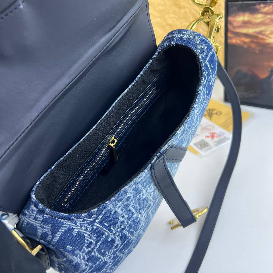 Dior Denim Saddle Bag with Gold Hardware and Scarf
