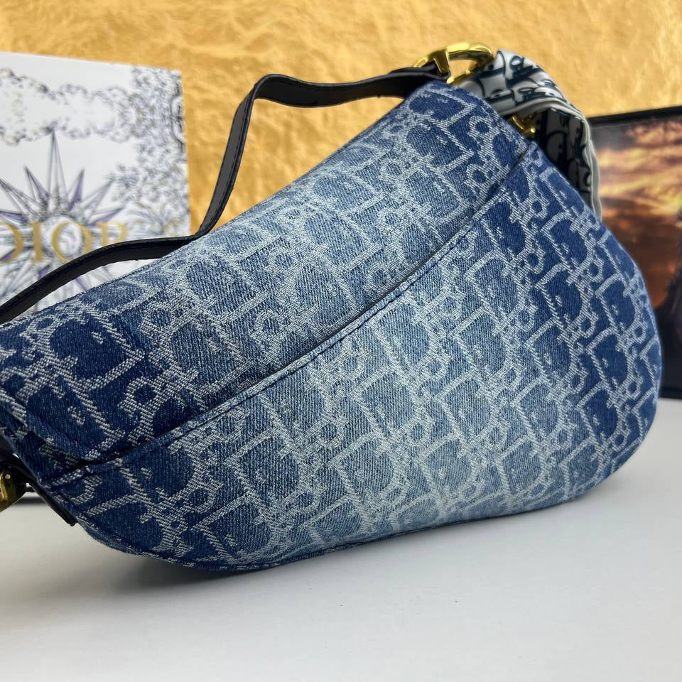 Dior Denim Saddle Bag with Gold Hardware and Scarf