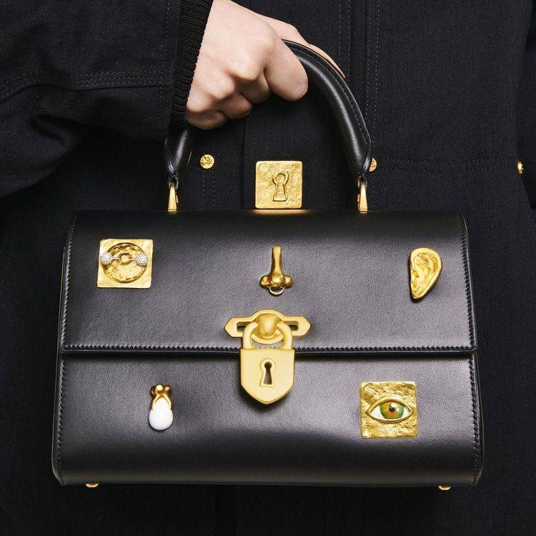 Schiaparelli Large Leather Handbag with Gold Tone Charms
