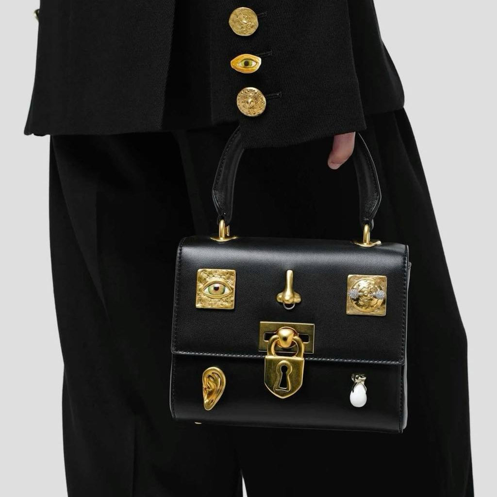 Schiaparelli Large Leather Handbag with Gold Tone Charms