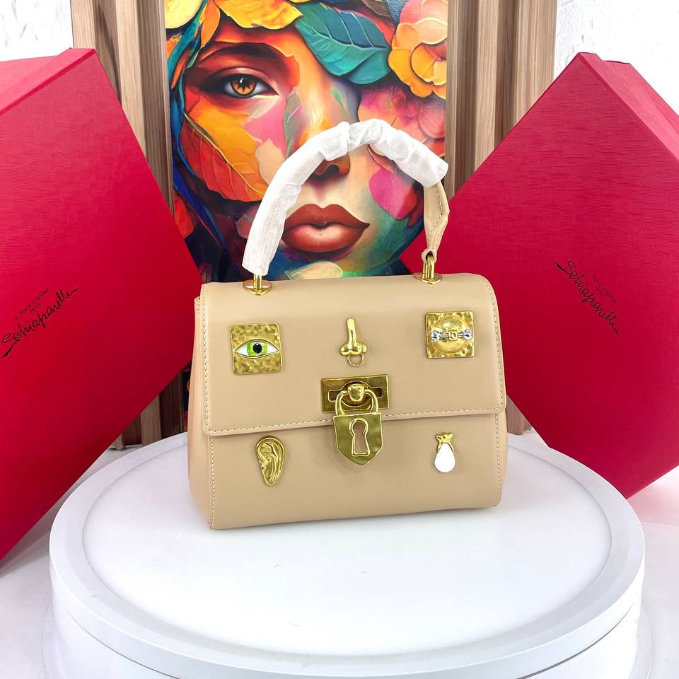 Schiaparelli Large Leather Handbag with Gold Tone Charms