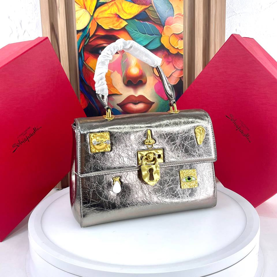 Schiaparelli Large Leather Handbag with Gold Tone Charms