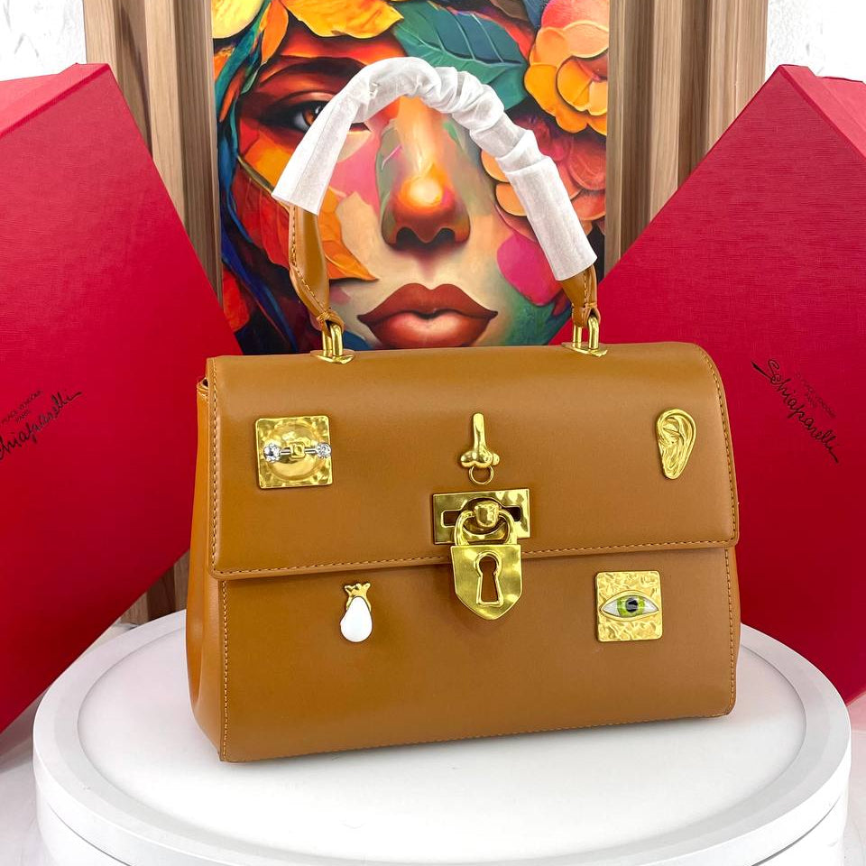 Schiaparelli Large Leather Handbag with Gold Tone Charms