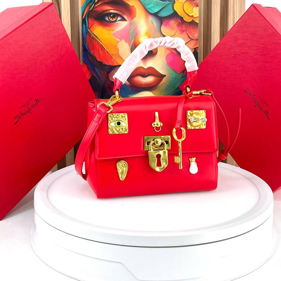 Schiaparelli Large Leather Handbag with Gold Tone Charms