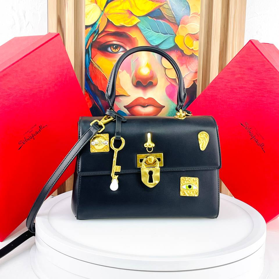 Schiaparelli Large Leather Handbag with Gold Tone Charms