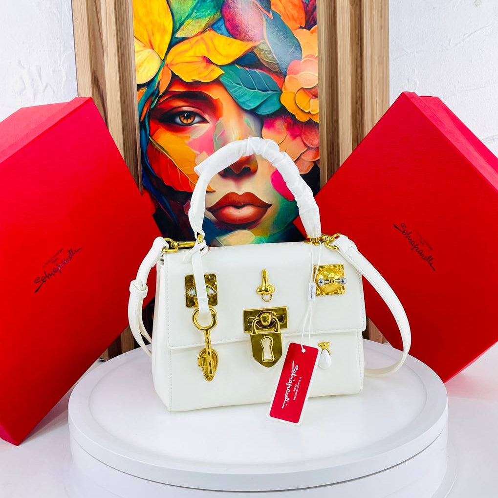 Schiaparelli Large Leather Handbag with Gold Tone Charms