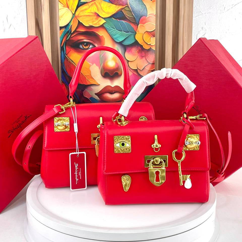 Schiaparelli Large Leather Handbag with Gold Tone Charms