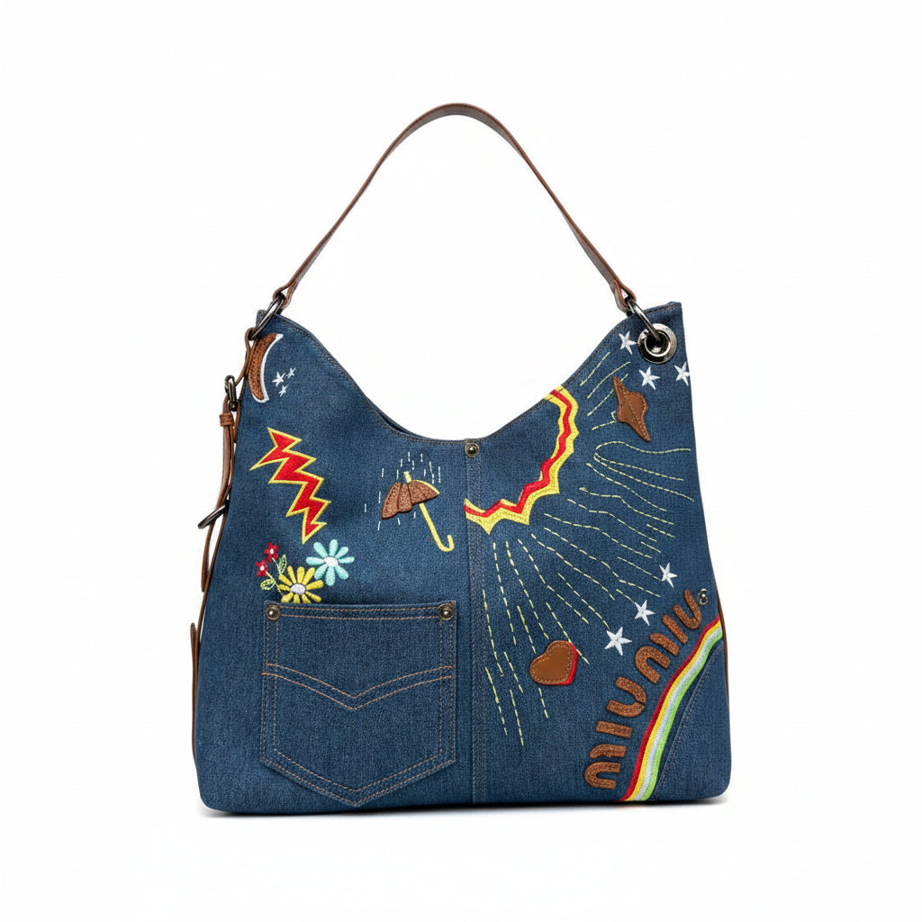 Miu Miu Embroidered Denim Hobo Bag with Leather Accents