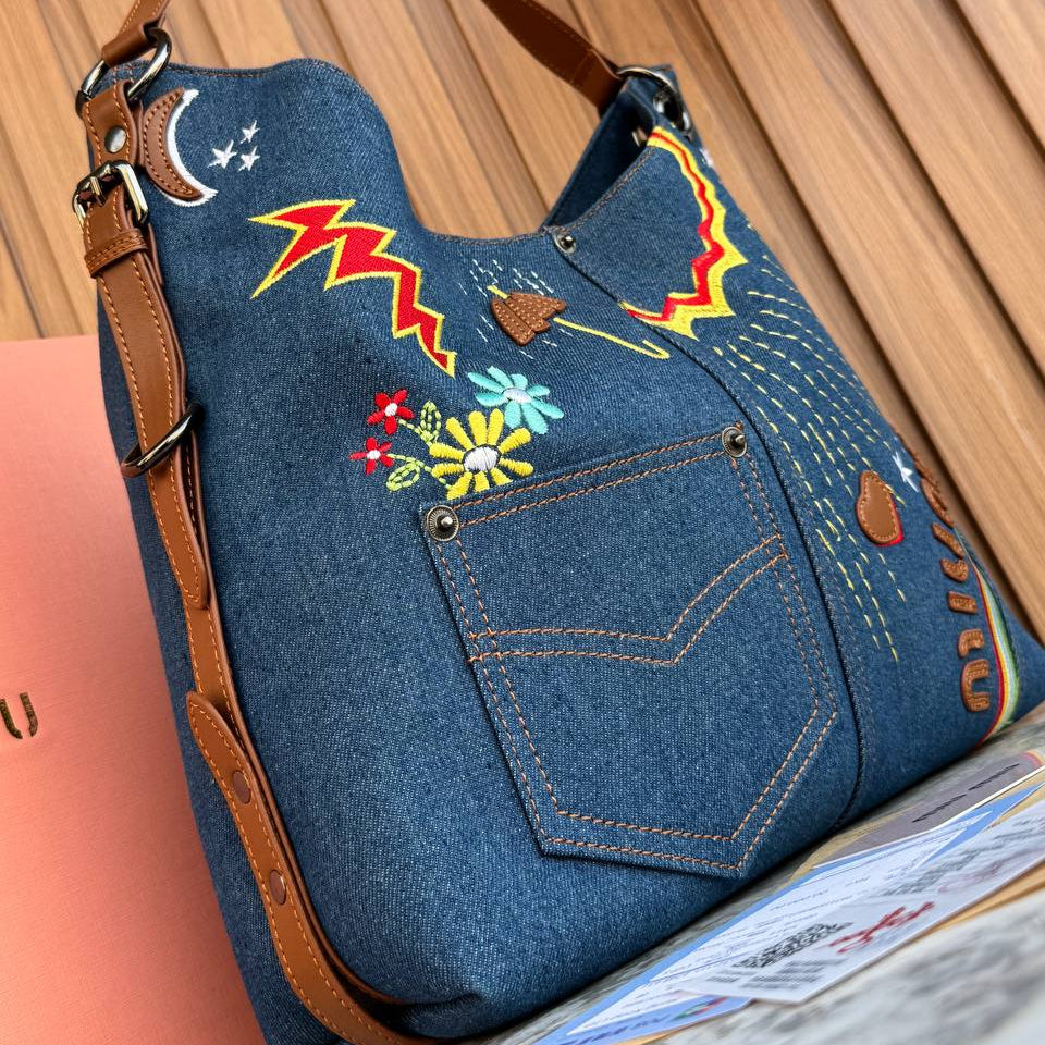 Miu Miu Embroidered Denim Hobo Bag with Leather Accents