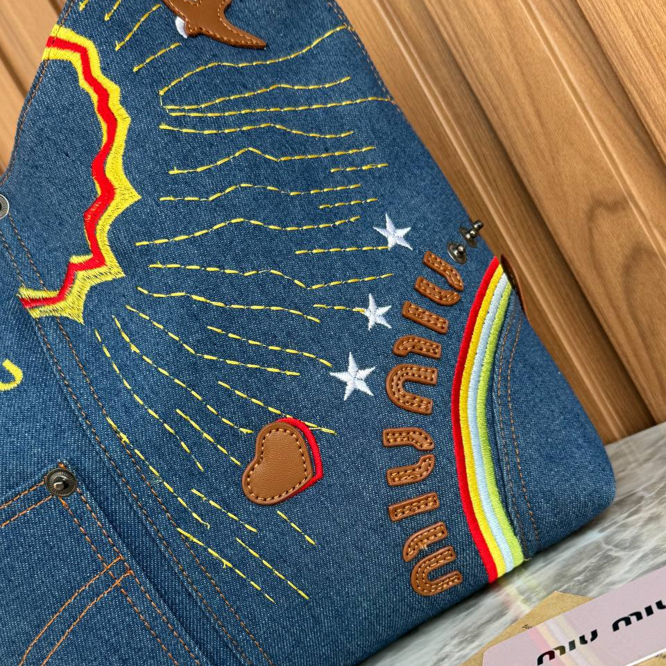 Miu Miu Embroidered Denim Hobo Bag with Leather Accents