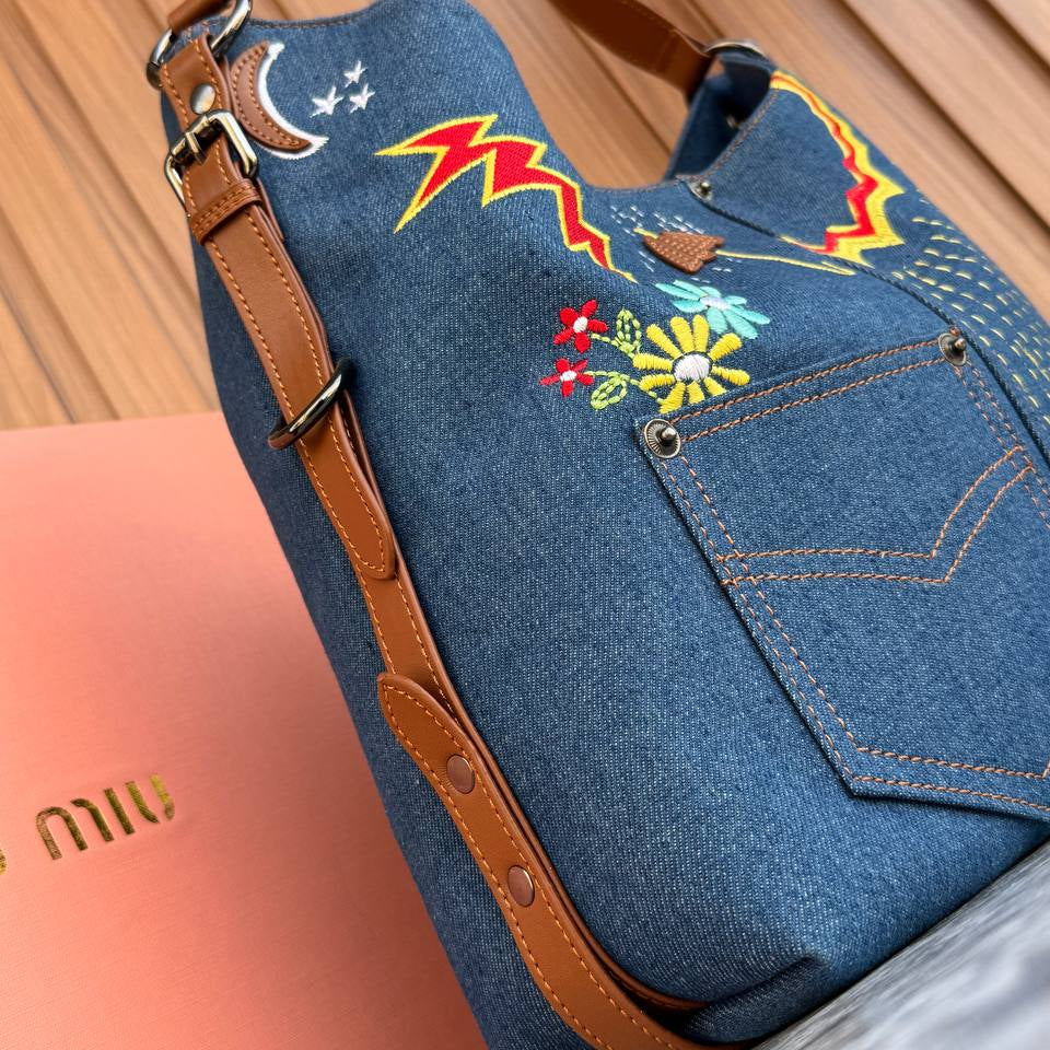 Miu Miu Embroidered Denim Hobo Bag with Leather Accents