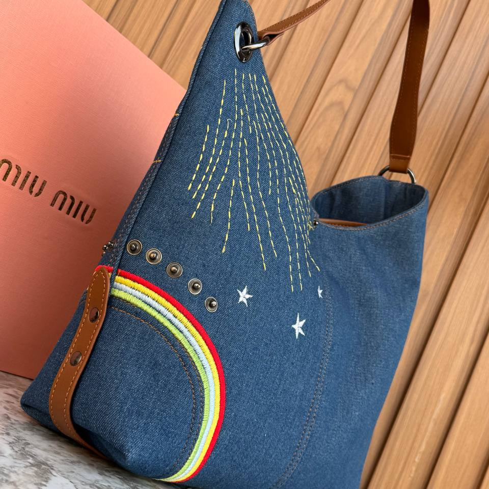 Miu Miu Embroidered Denim Hobo Bag with Leather Accents