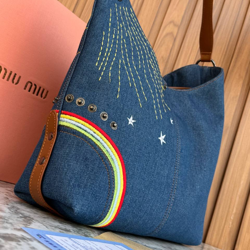 Miu Miu Embroidered Denim Hobo Bag with Leather Accents