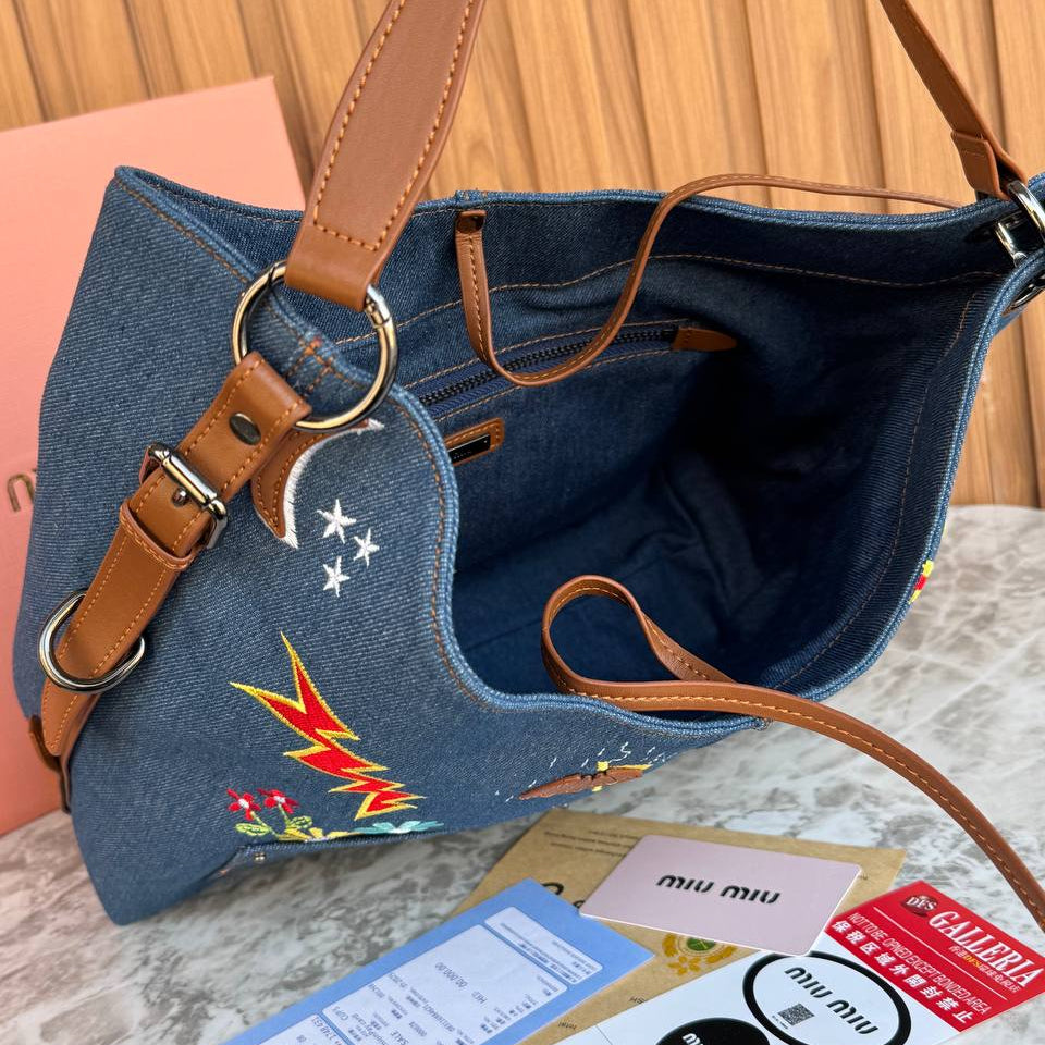 Miu Miu Embroidered Denim Hobo Bag with Leather Accents