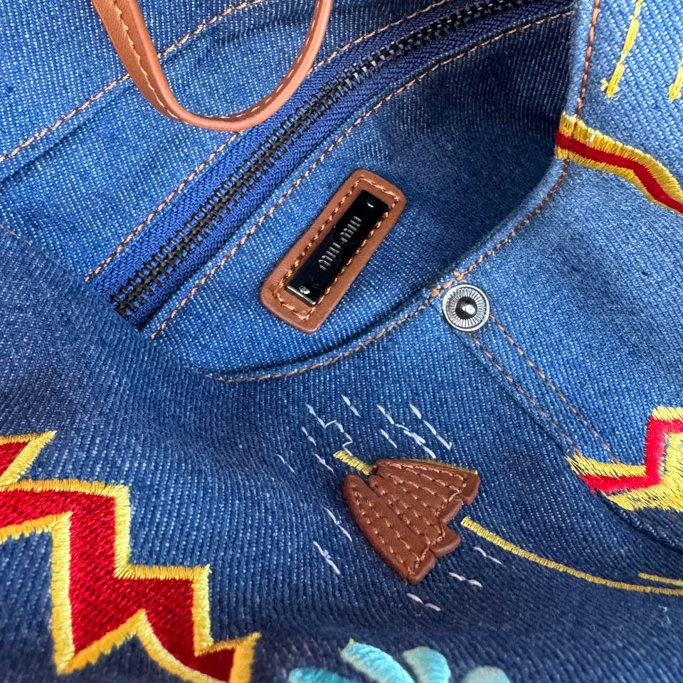 Miu Miu Embroidered Denim Hobo Bag with Leather Accents