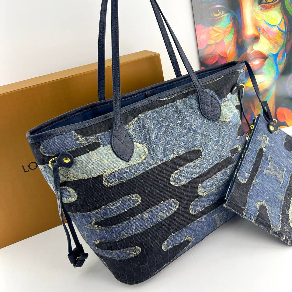 Louis Vuitton Denim Camouflage Tote with Matching Pouch