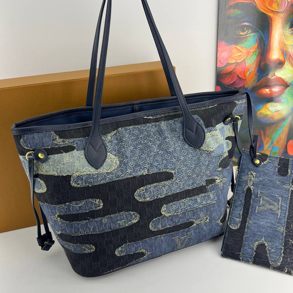 Louis Vuitton Denim Camouflage Tote with Matching Pouch