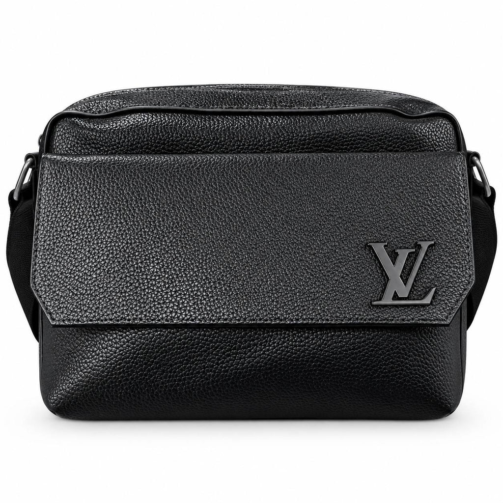 Louis Vuitton Black Leather Messenger Bag with Signature LV Hardware