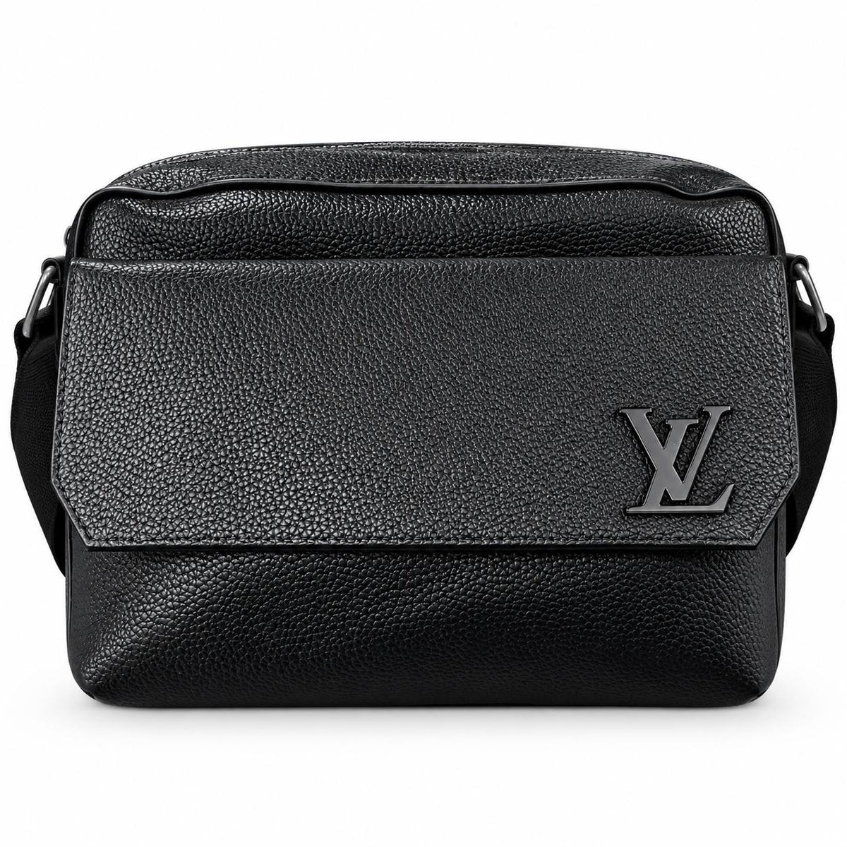 Louis Vuitton Black Leather Messenger Bag with Signature LV Hardware