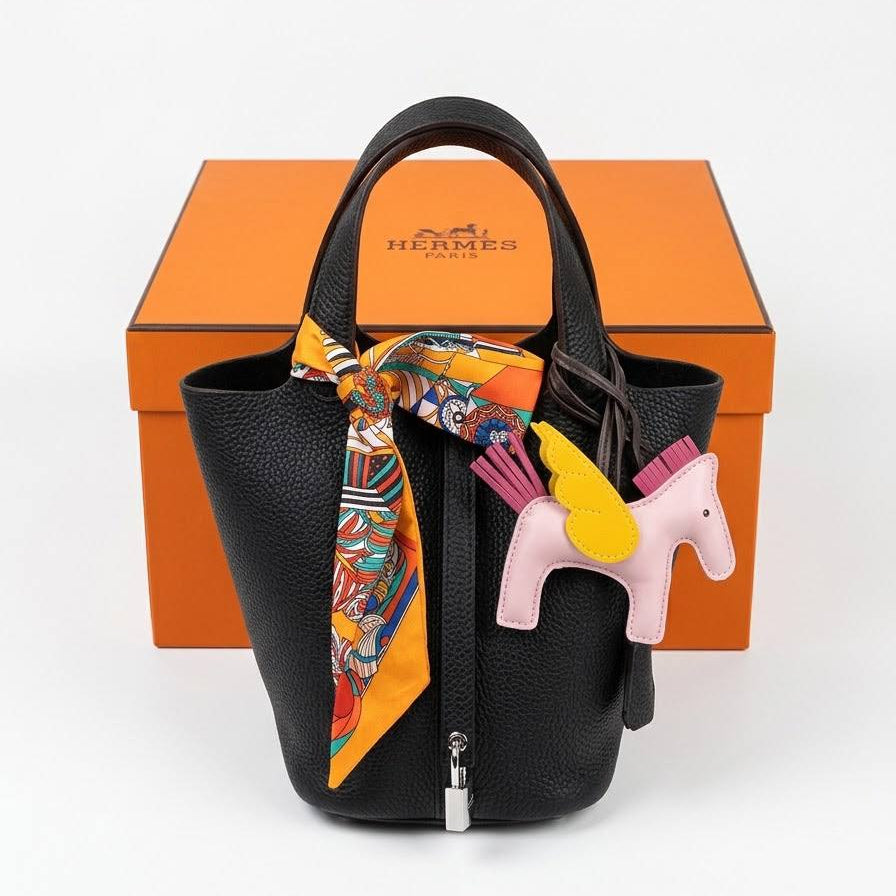 Hermes Black Leather Handbag with Scarf and Horse Charm