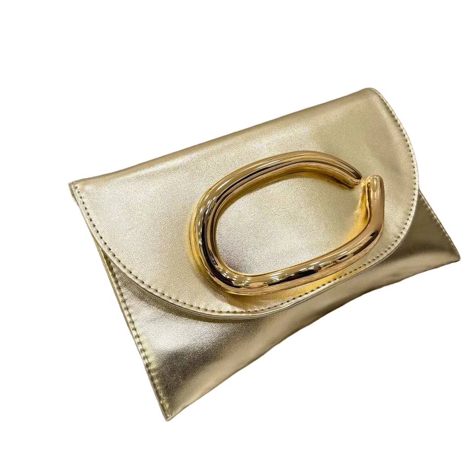 Metallic Gold Envelope Clutch with Sculptural Oval Handle 👜✨🌟