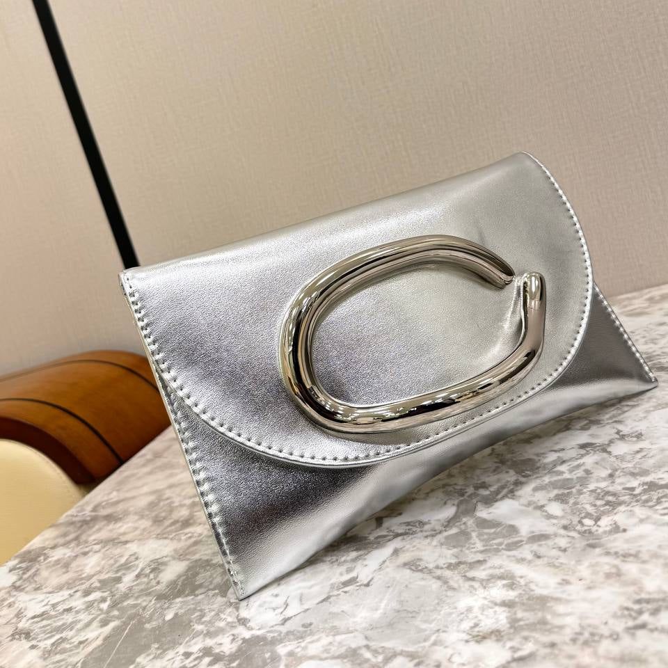 Metallic Gold Envelope Clutch with Sculptural Oval Handle 👜✨🌟