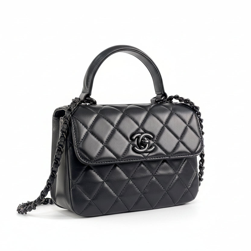 Chanel Quilted Lambskin Top Handle Flap Bag with So Black Hardware 👜🖤✨