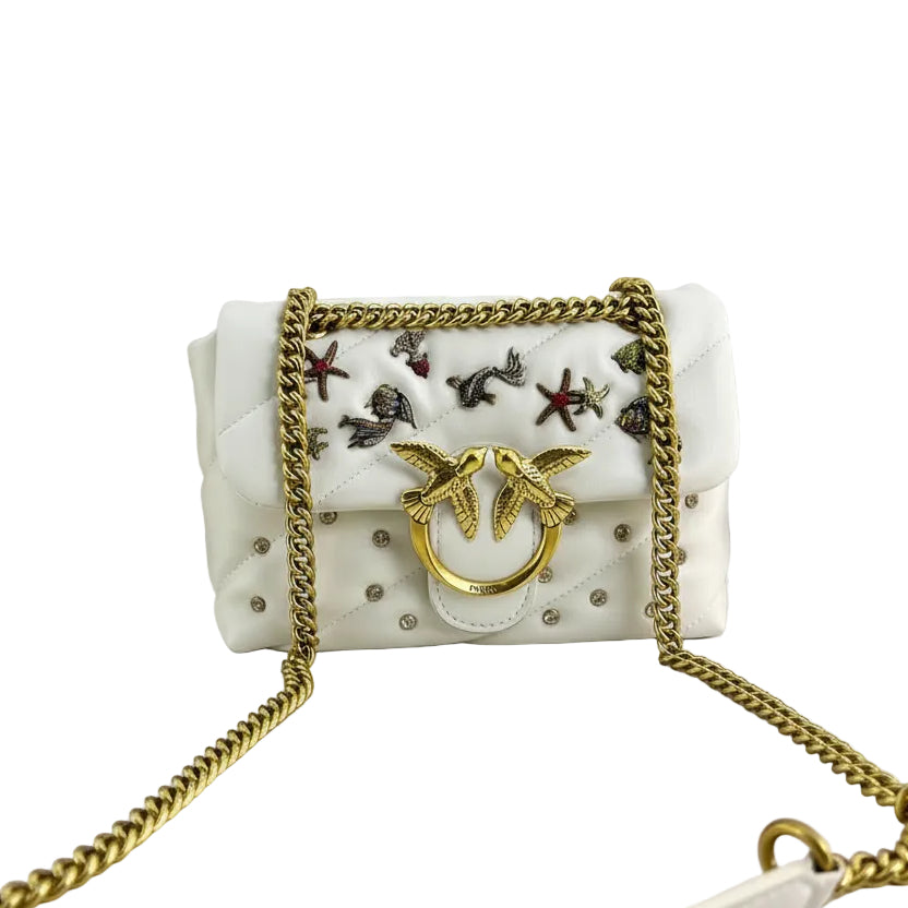 Pinko Love Bag Puff in White and Black Quilted Leather with Marine Embroidery 🕊️🐚✨